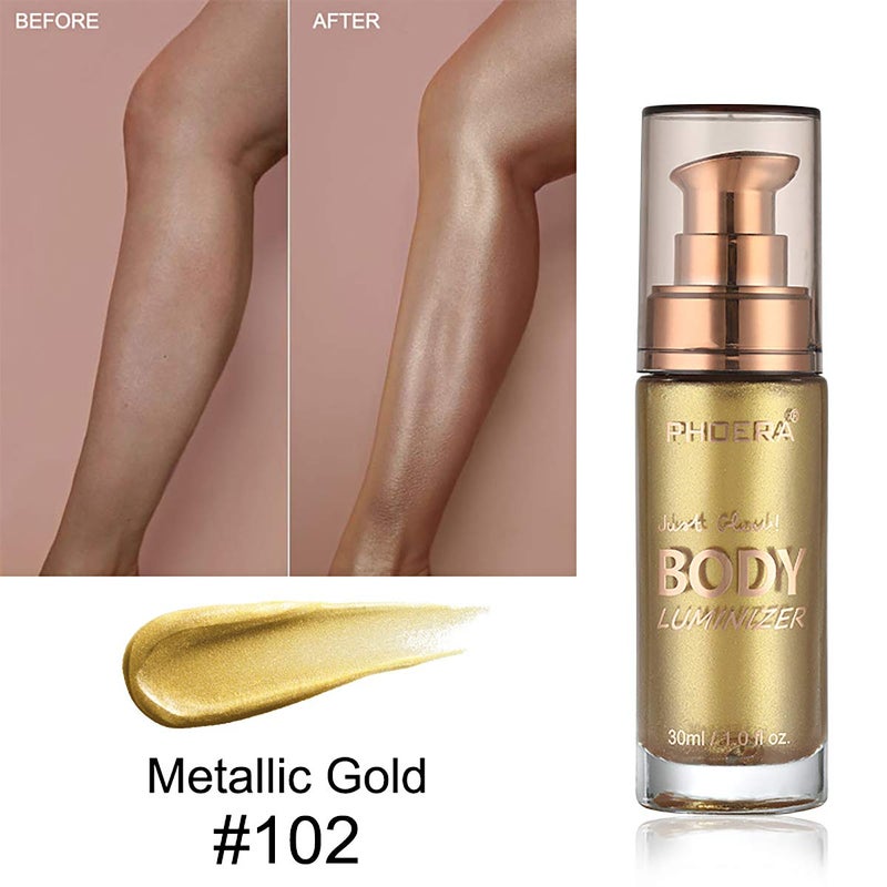 PHOERA High Gloss Waterproof Body Luminizer Glitter Face Shimmer Moisturizer Lotion Tan Cream Foundation Makeup Bronzer AQUAPURITY (102 Metallic Gold) - Image 2